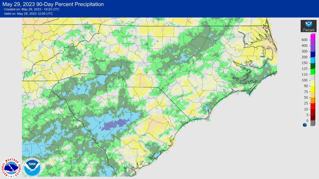 Rainfall percentile of normal over 90 days ending May 29, 2023.  Below normal totals are noted across Williamsburg and southern Florence county.