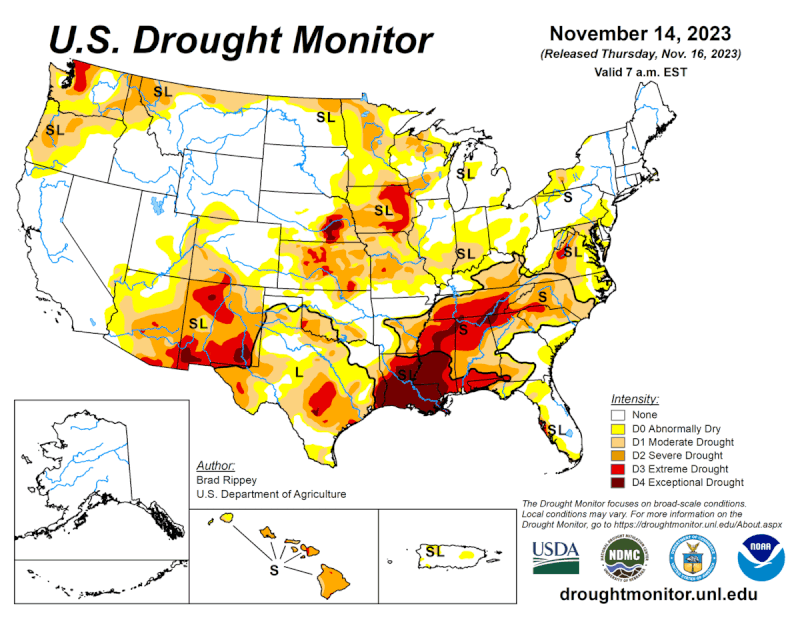 U.S. Drought Monitor for mid November, and the CPC outlook for drought during the winter 2023-2024 season