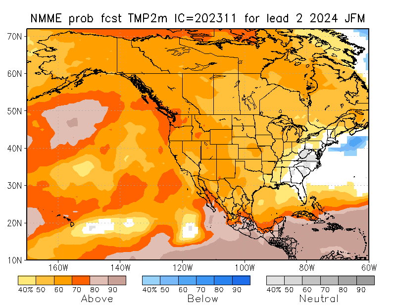 North American Multimodel Ensemble (NMME) temperature forecast for January through March.  After an enhanced potential for above normal temperatures in January, the model ensemble shows near-normal temperatures for the remainder of the winter into March.