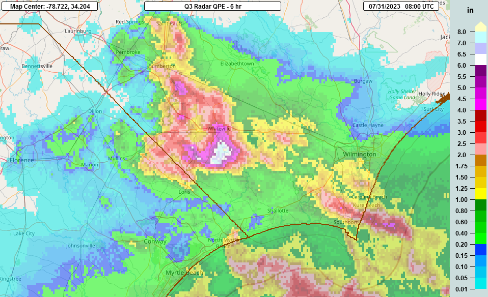 Storm Total Precipitation Estimates from radar showing over six inches of rain near Whiteville, NC on July 31, 2023