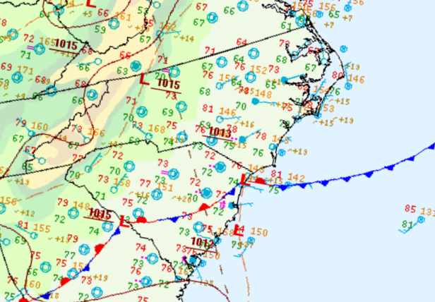 Surface weather map for the early morning of July 31, 2023 shows a front just south of Cape Fear