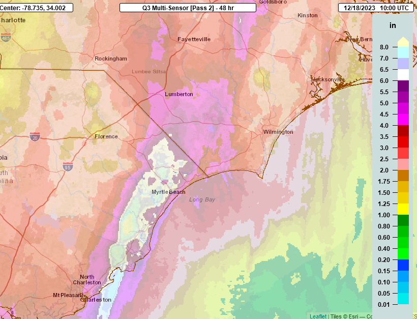 Multi-radar Multi-sensor (MRMS) rainfall estimates show a large area of rainfall in excess of eight inches across interior Georgetown and Horry counties in South Carolina