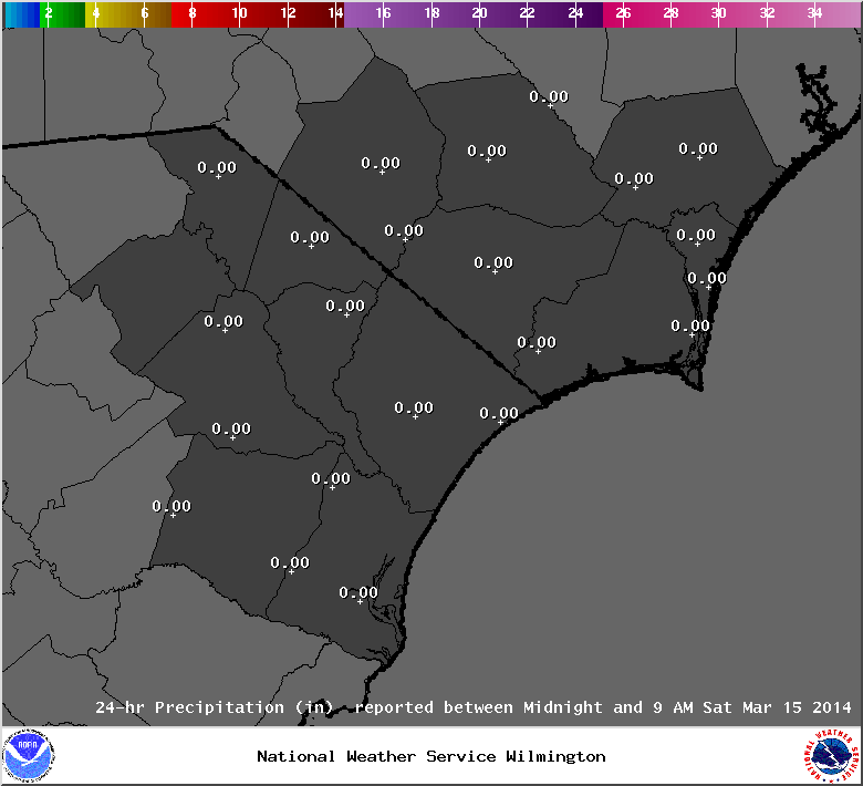 24 Hour Total Precipitation Map (Text Data Below).  Click map for a larger view.