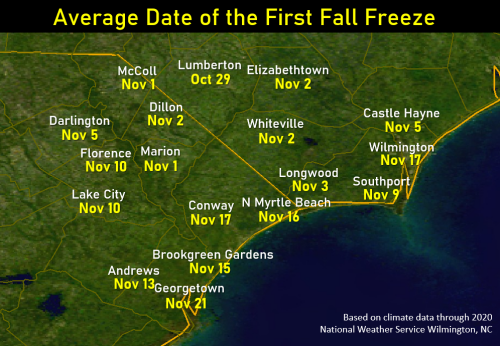 Map of NWS Wilmington forecast area with the average first date of freezing temperatures in the Fall for select towns and cities.