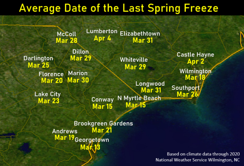 Map of NWS Wilmington forecast area with the average last date of freezing temperatures in the Spring for select towns and cities.