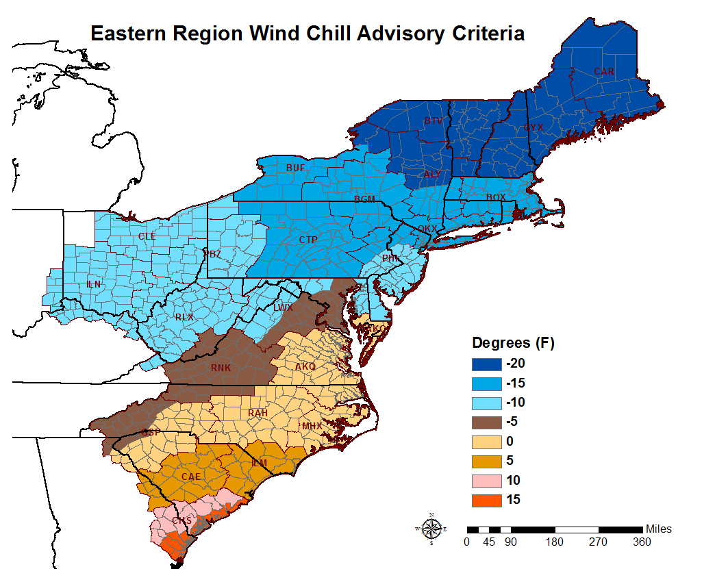 Map of Wind Chill Advisory criteria for NWS Eastern Region