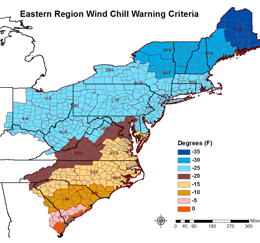 Map of Wind Chill Warning criteria for NWS Eastern Region