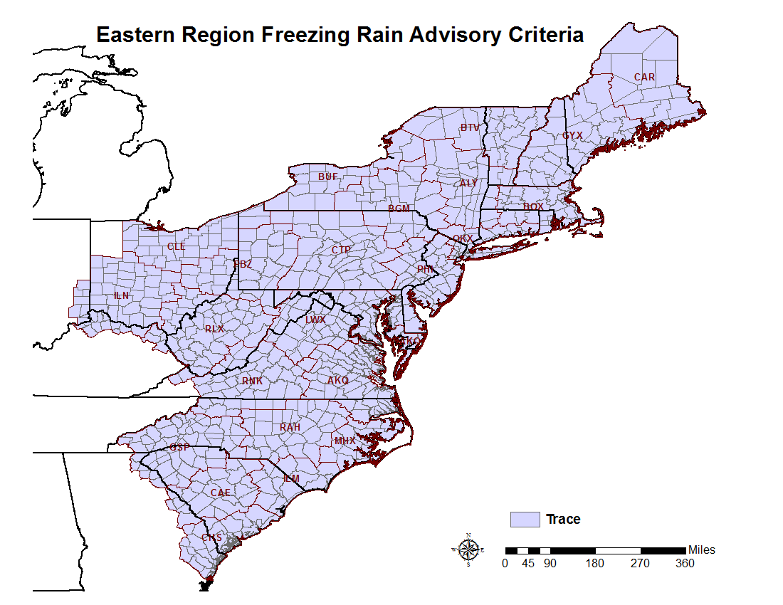 Map of criteria for Winter Weather Advisory for freezing rain in NWS Eastern Region