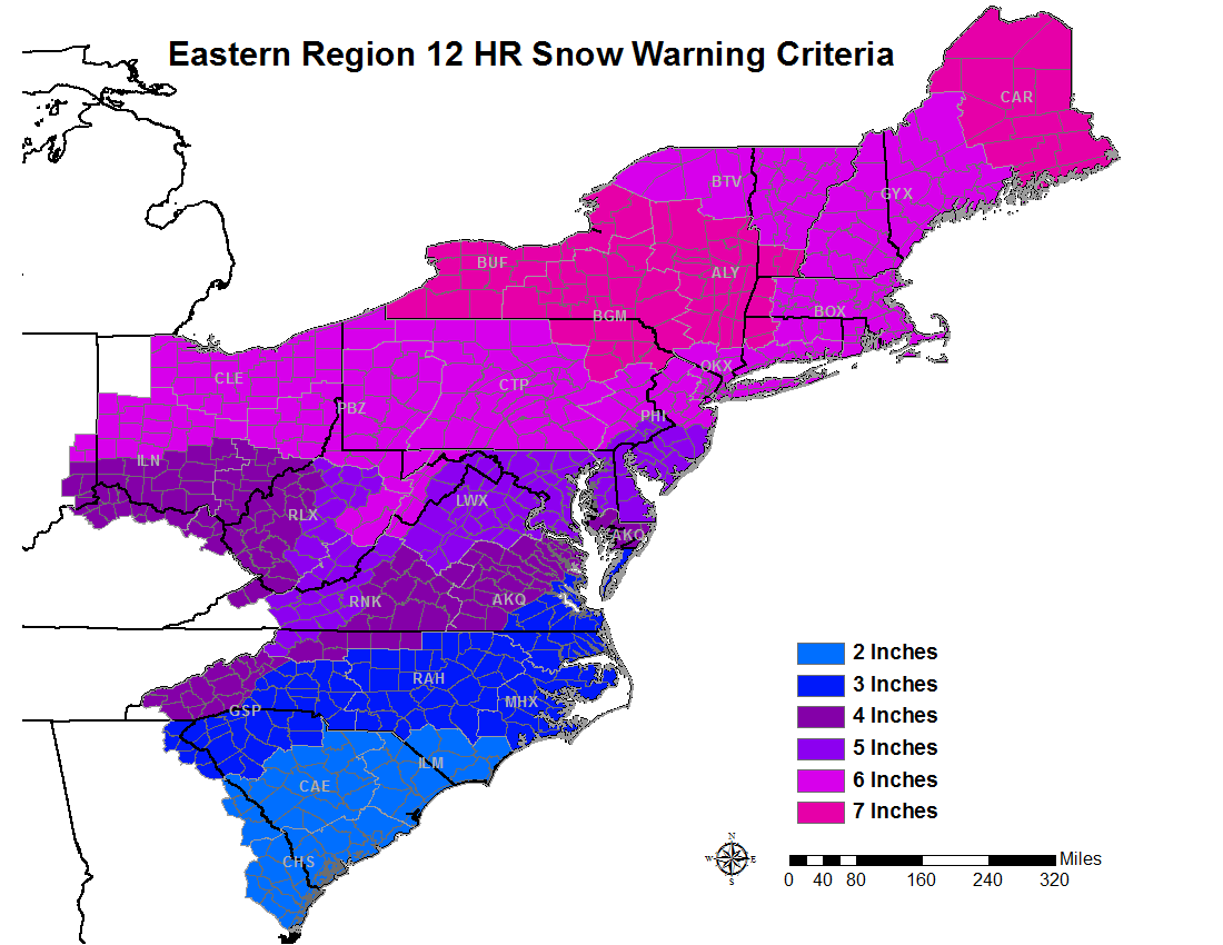 Map of criteria for Winter Storm Warning for snow over 12 hours in NWS Eastern Region