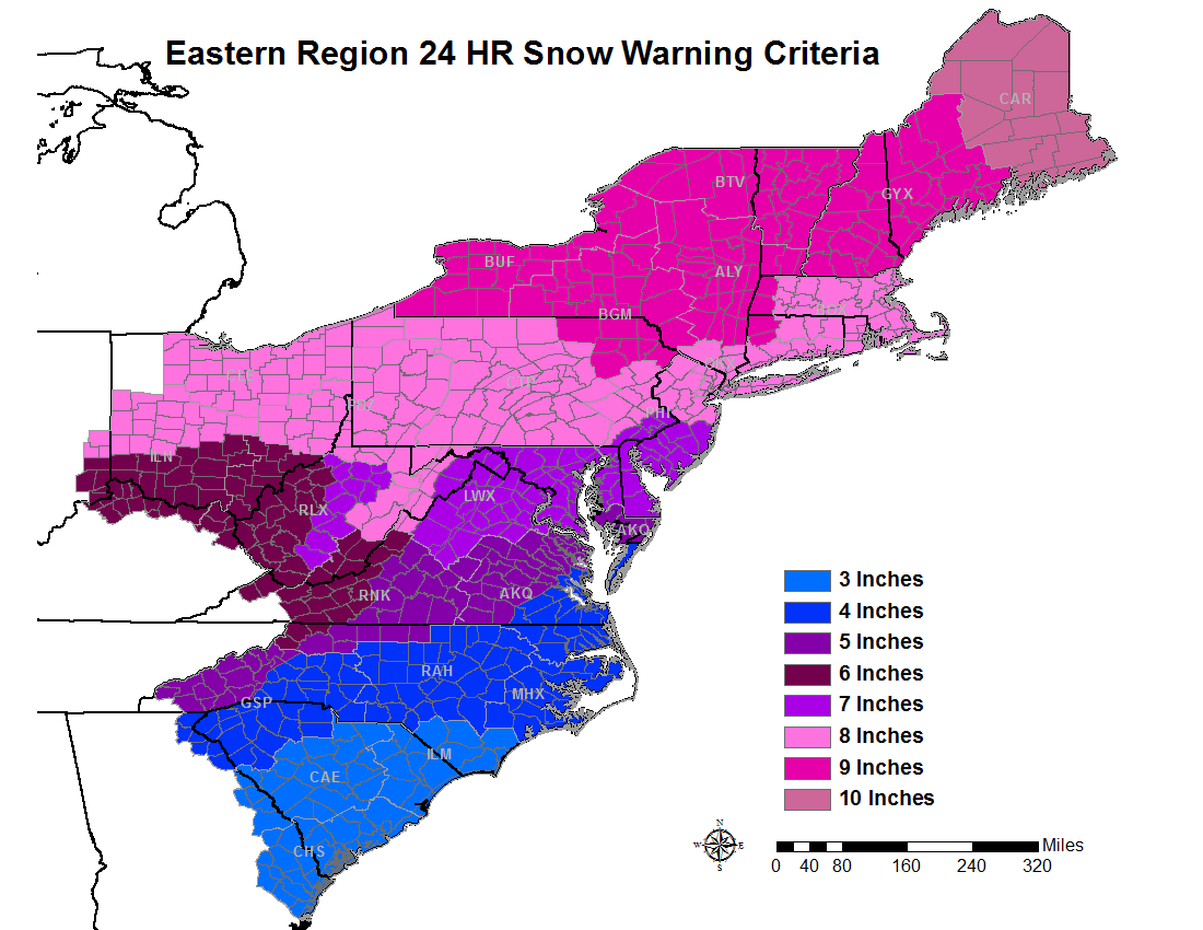 Map of criteria for Winter Storm Warning for snow over 24 hours in NWS Eastern Region