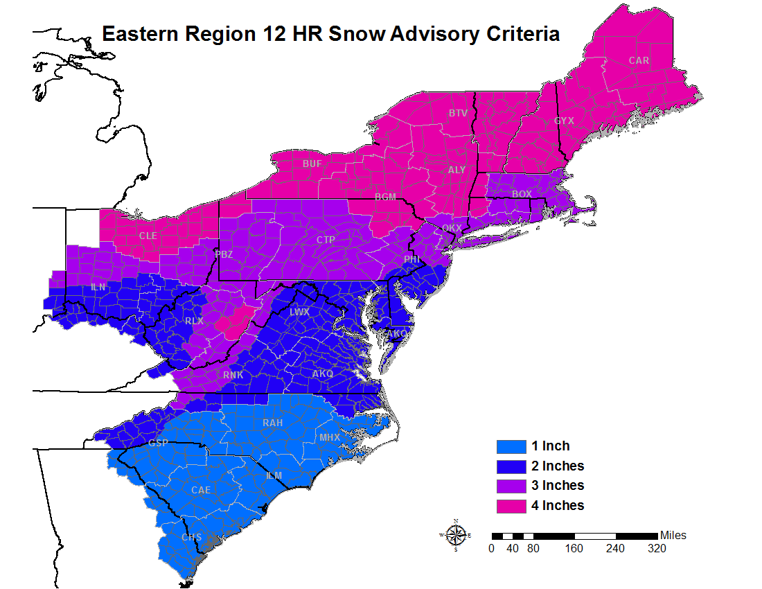 Map of criteria for Winter Weather Advisory for snow over 12 hours in NWS Eastern Region