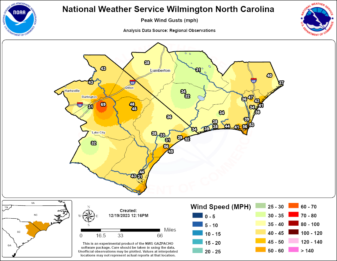 Peak wind gusts observed from Dec 17-18, 2023