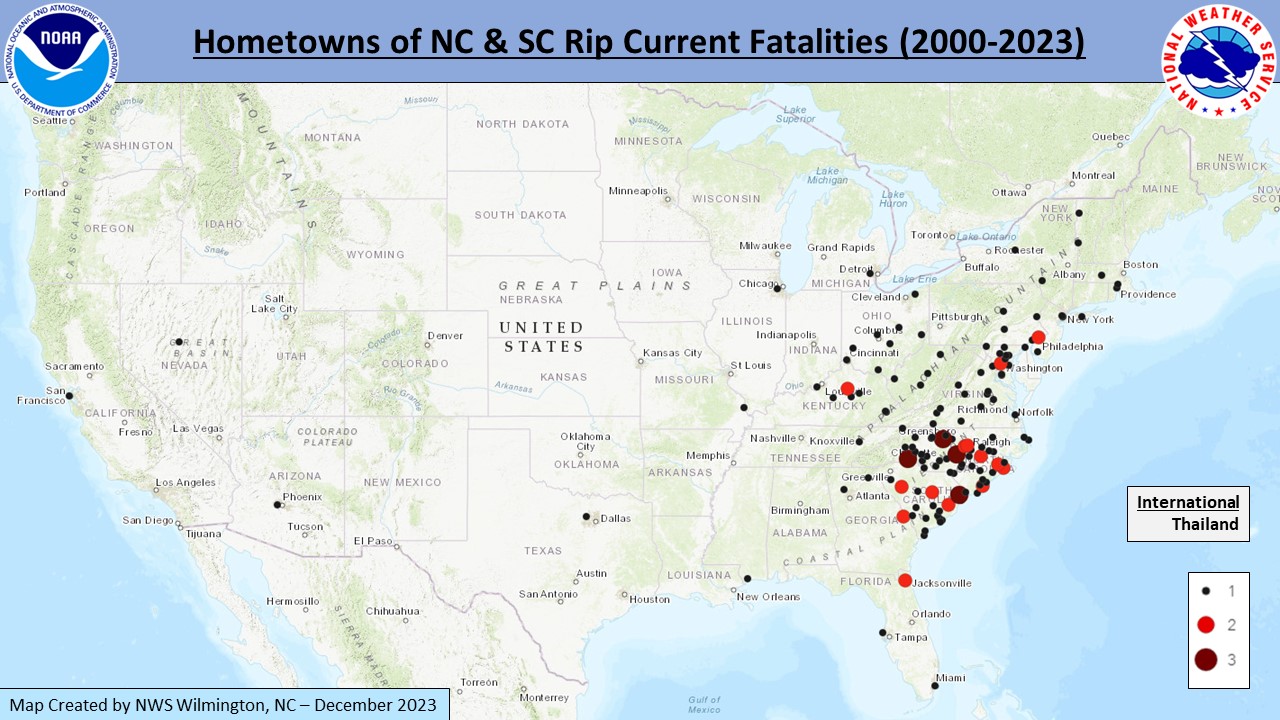 Map of hometowns of NC and SC rip current fatalities 2000-2022