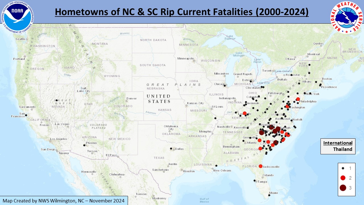 Map of hometowns of NC and SC rip current fatalities 2000-2022