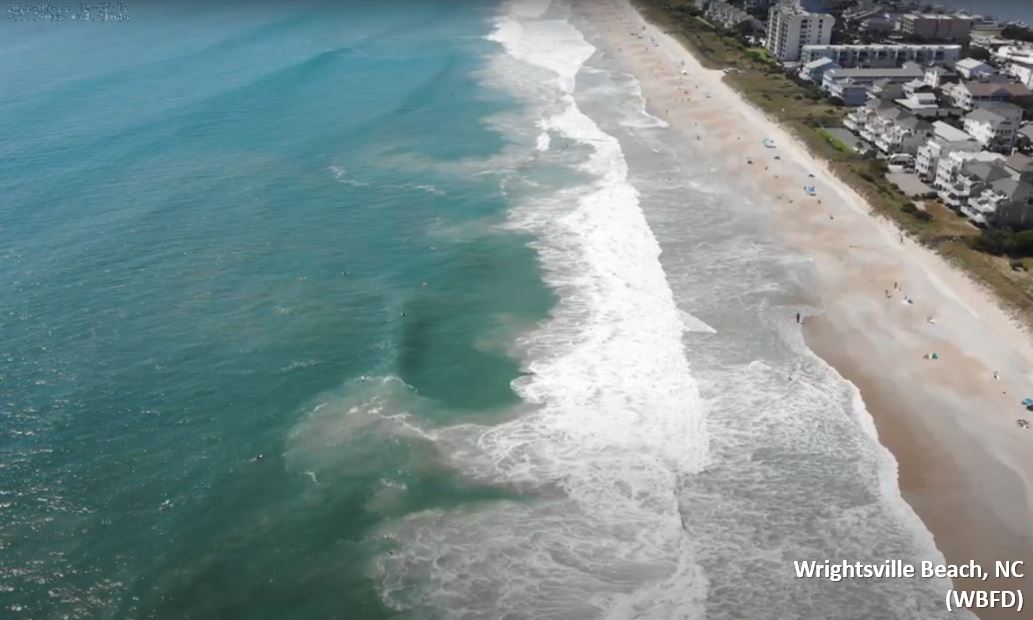 Aerial view of rip currents at Wrightsville Beach, NC