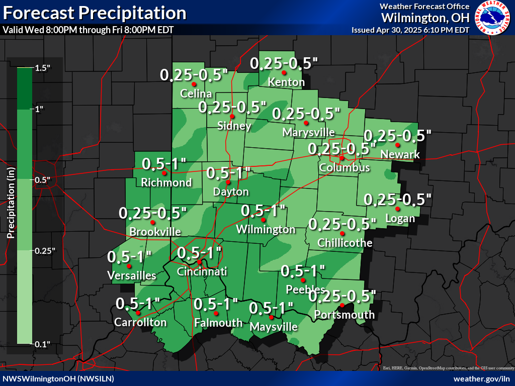 NWS ILN Hazards forecast QPF_Days1-2_CWA