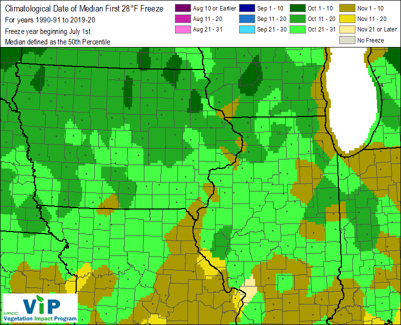 Average date of last hard freeze (28 deg.)  Image courtesy MRCC