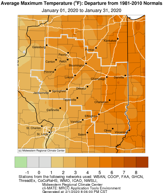 Jan 2020 Average High Temperature Departure from Normal