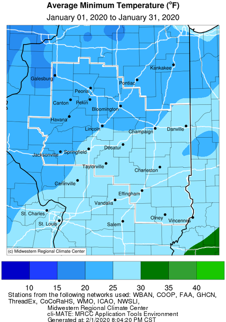 Jan 2020 Central IL Average Minimum Temperature
