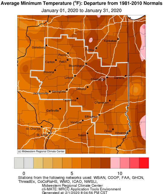 Jan 2020 Average Minimum Temperature Departure from Normal