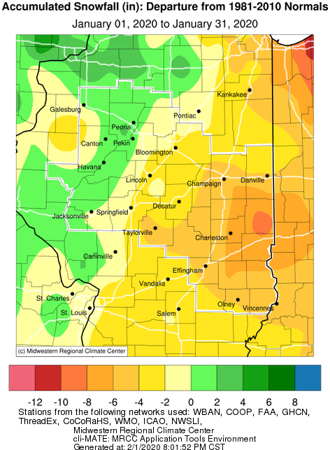 Jan 2020 Snowfall Departure from Normal