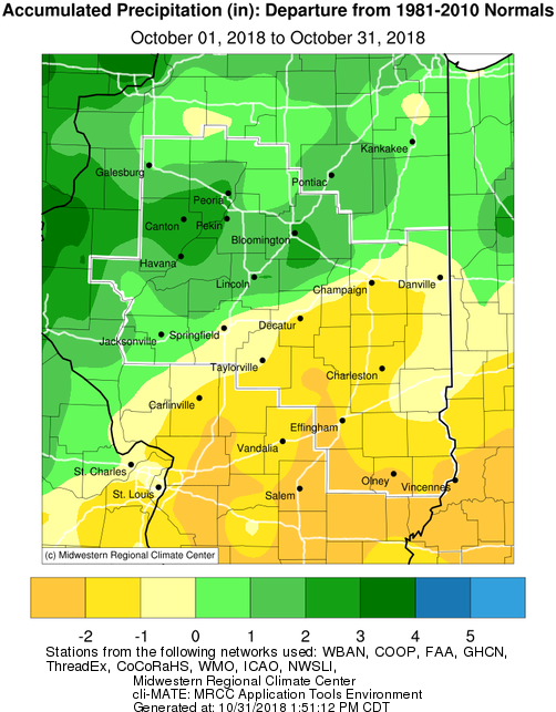 Oct 2018 Departure from Normal Precipitation in Central IL