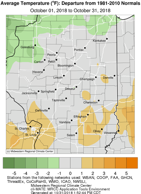 Oct 2018 Departure from Normal Temperature in Central IL