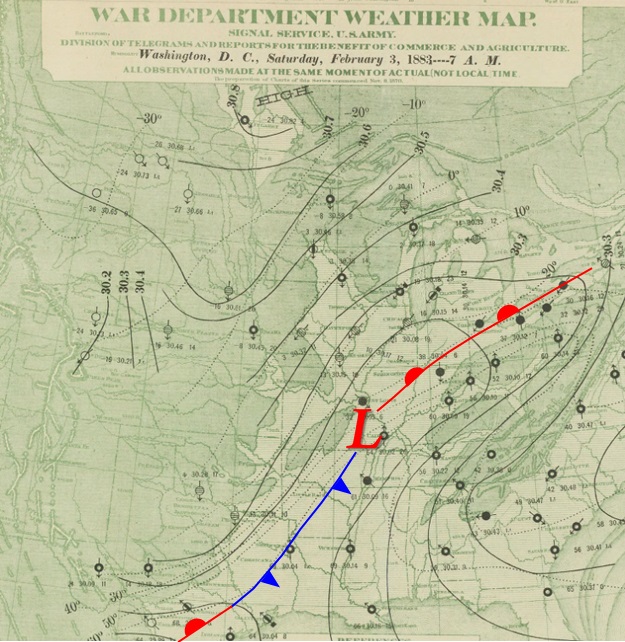 Edited surface map from February 3, 1883. Image courtesy NOAA Central Library Data Imaging Project.