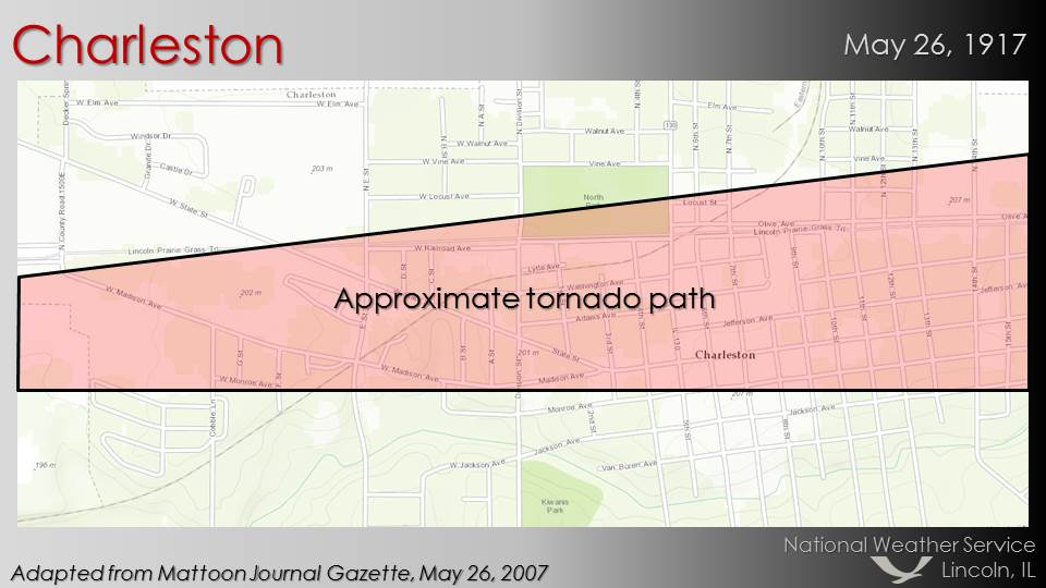 Approximate area affected in Charleston. Adapted from Mattoon Journal Gazette