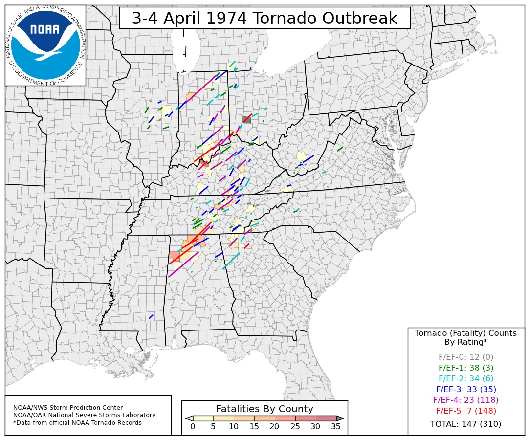 Map of April 3-4, 1974 tornado outbreak, courtesy of the Storm Prediction Center.