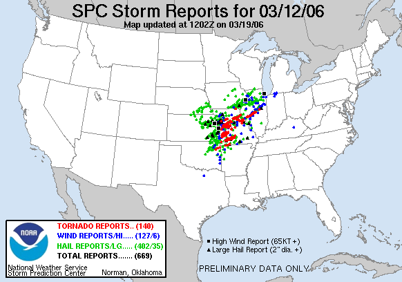 National severe weather reports from March 12