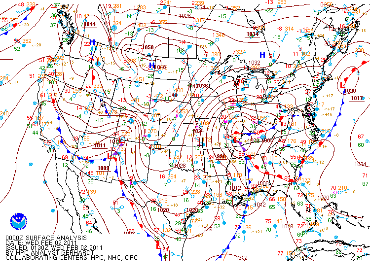 Surface map at 6 pm Tuesday, February 1