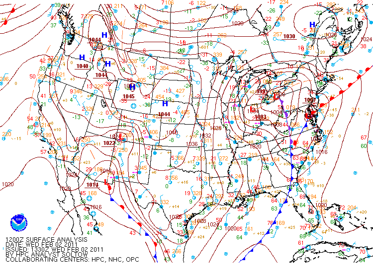 Surface map at 6 am Wednesday, February 2
