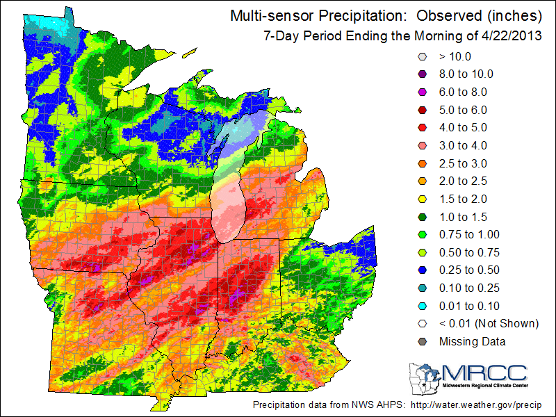7-day precipitation totals ending April 22.  Image courtesy of Midwestern Regional Climate Center.