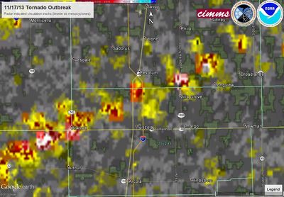 Radar rotational tracks across Douglas and Champaign Counties.  Photo courtesy of National Severe Storms Laboratory.