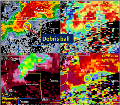 Dual-polarization images from 11:07 am, showing debris from the Washington tornado
