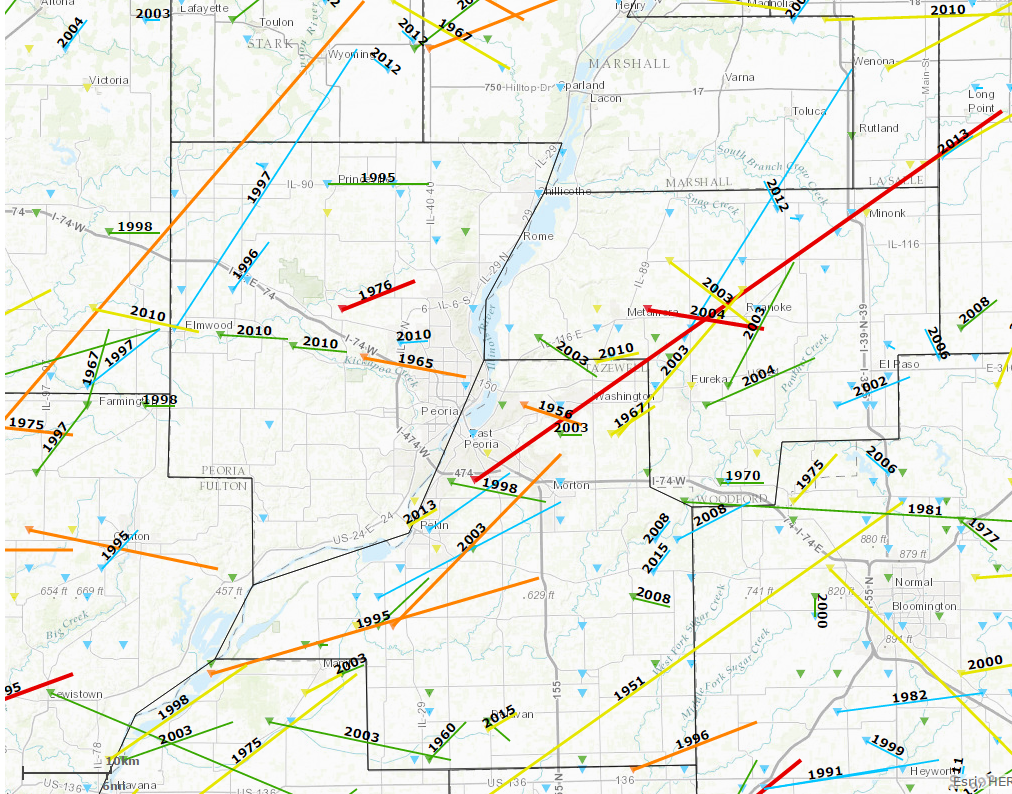 All tornadoes since 1950 near the Washburn tornado track. 