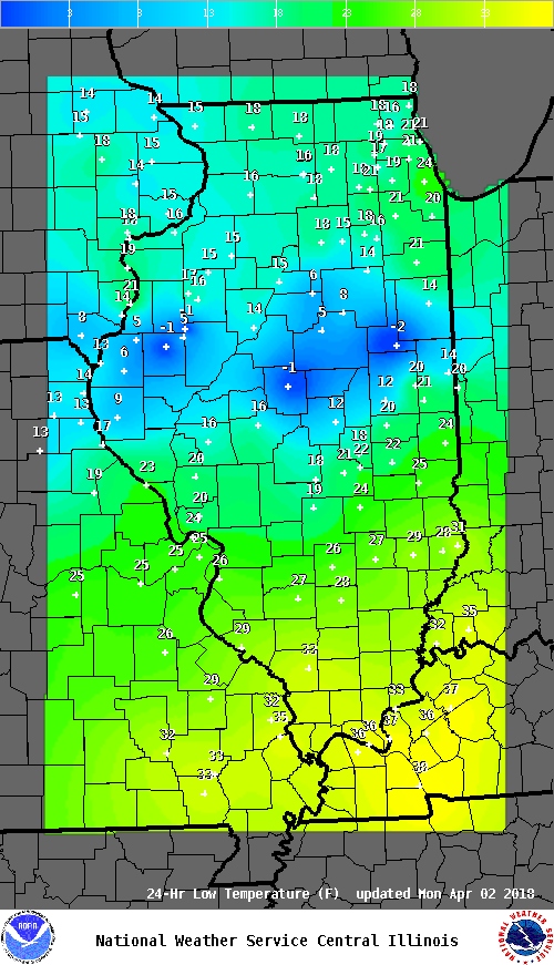 Low temperatures on Monday, April 2