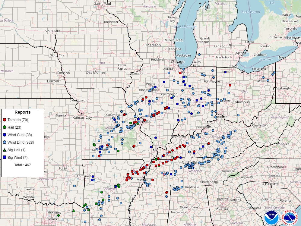 Storm reports for December 10, from the Storm Prediction Center