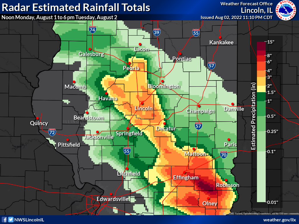 Radar-estimated rainfall totals from noon Monday, August 1 to 6 pm Tuesday, August 2