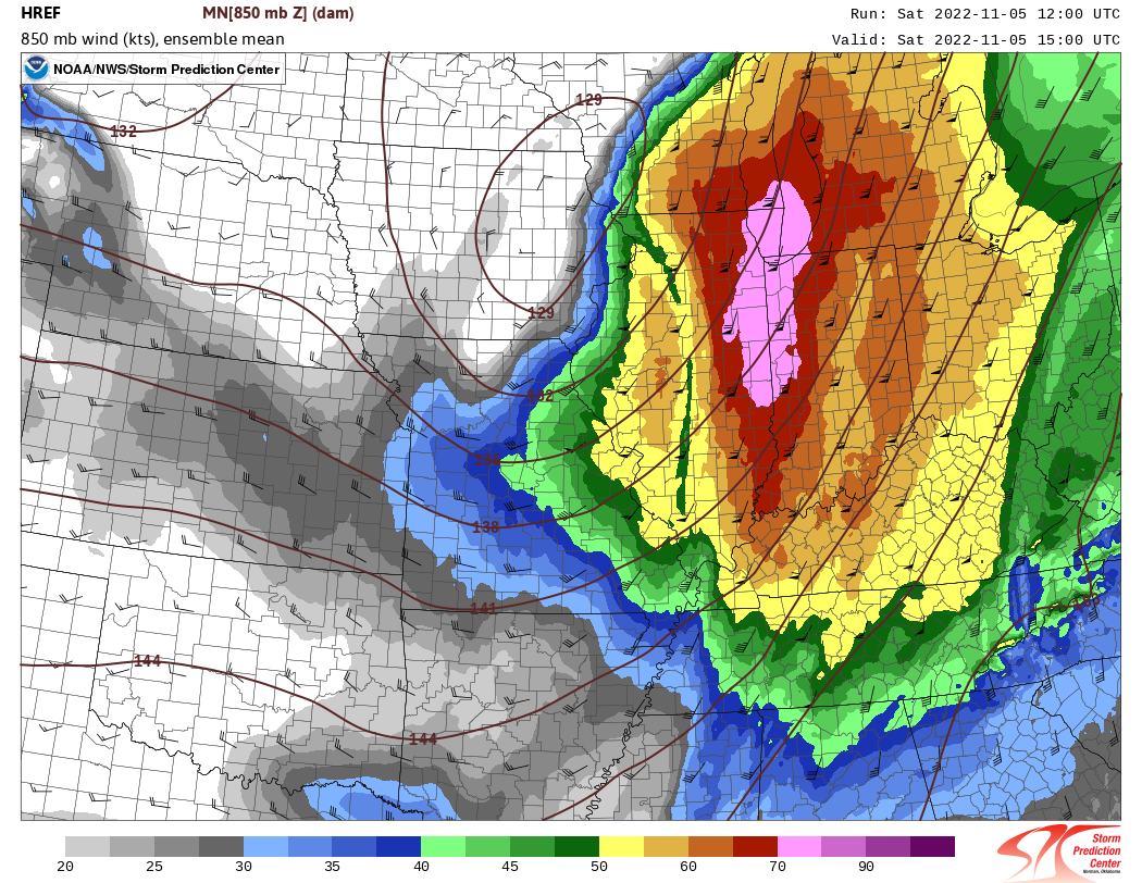 HREF ensemble guidance of wind speeds at 850 mb at 10 am CDT