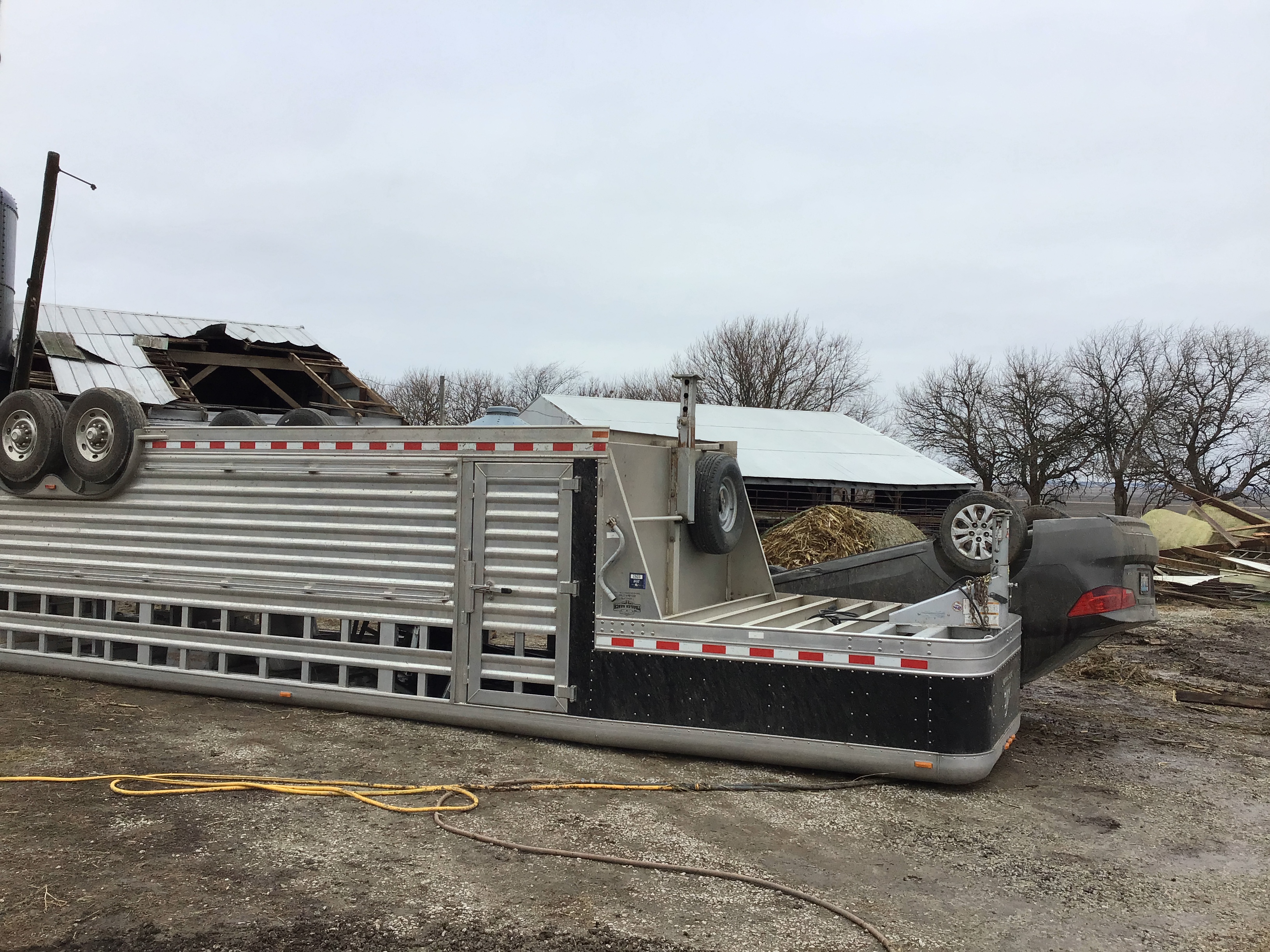 Vehicle and cattle trailer flipped over
