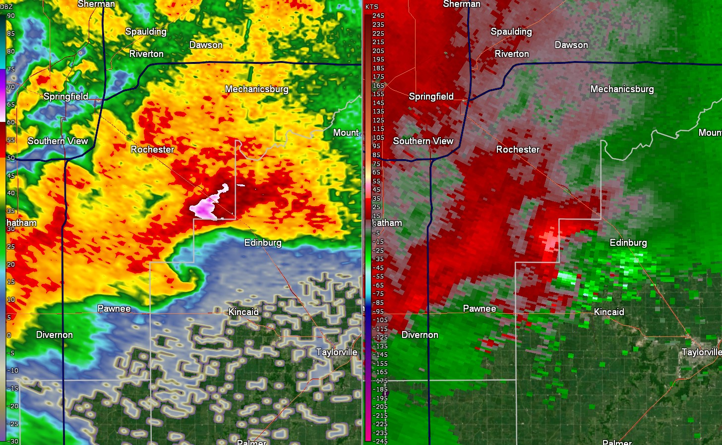Reflectivity and storm relative motion image from 6:20 pm CDT