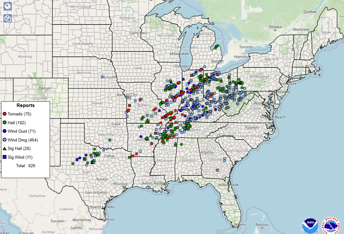 Map of severe weather reports from April 2, 2005, courtesy of the Storm Prediction Center