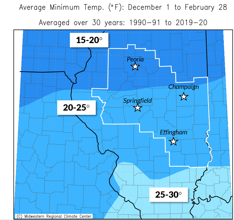 Average winter (Dec-Feb) low temperature, 1991-2020