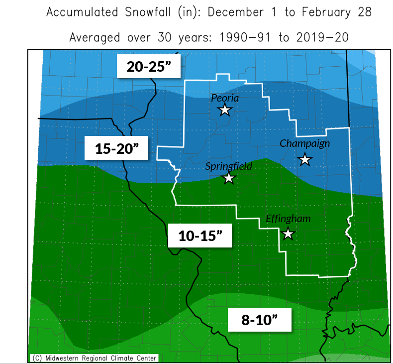 Average winter (Dec-Feb) snowfall, 1991-2020