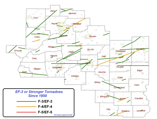 Mapping of F-3 or EF-3 and stronger tornadoes in central and southeast Illinois since 1950