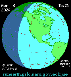 Animated Image of Eclipse on Earth - Starts in the Southern Pacific then moves northeast across North America and then into the North Atlantic