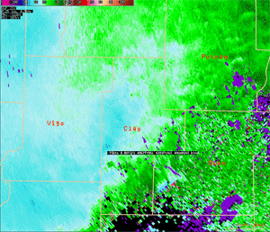 Example of radar velocity from the line of storms - Click to Enlarge