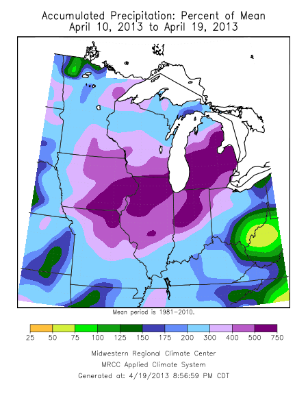 Percent of Normal Precipitation for the 10 day period ending April 19